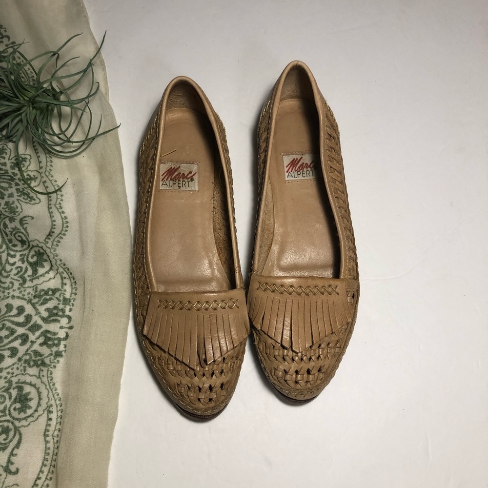 Vtg Marc Alpert Woven Leather Fringe Slip on Flats - Picture 2 of 8